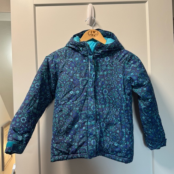 Columbia Kids Girls Blue Floral Ski Jacket Coat Hooded Zip Up Small 7/8 - Picture 1 of 4